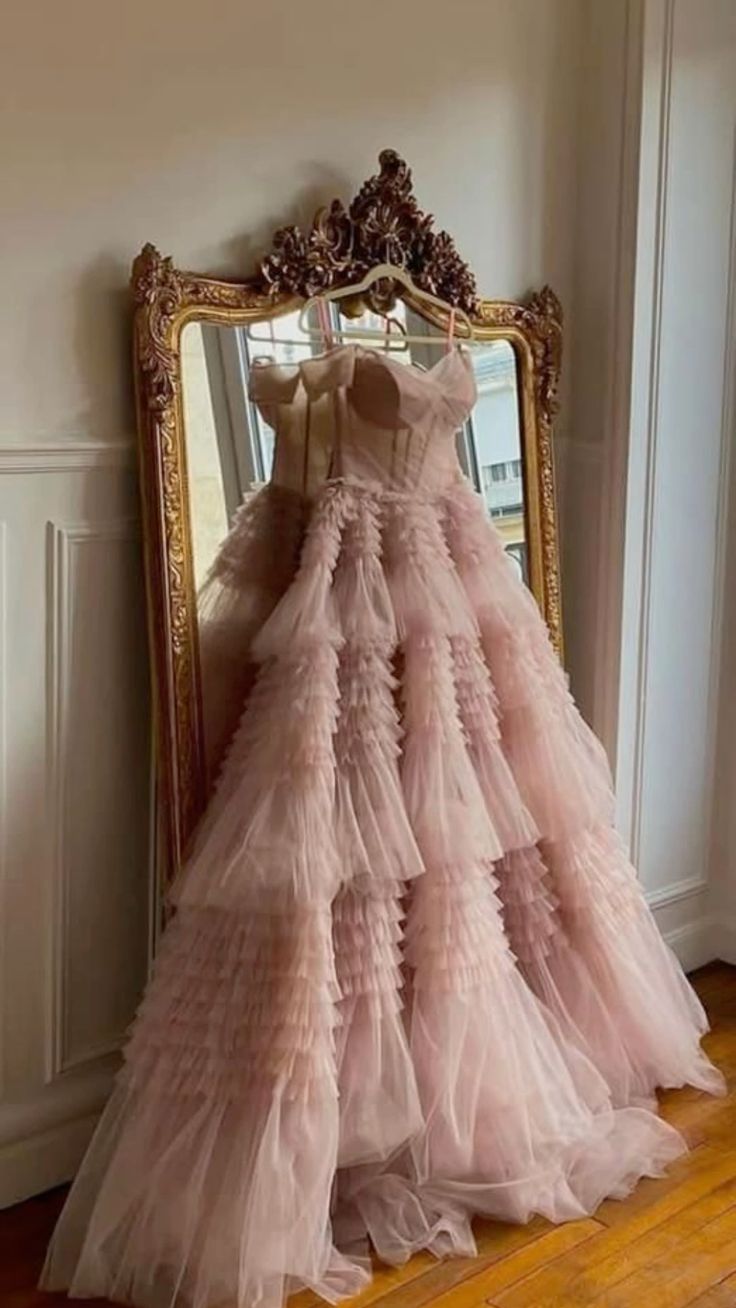 Fairy Ball Gown Strapless Pink Tiered Tulle Long Prom Dresses Evening Dress P1955 AS PHOTO US2