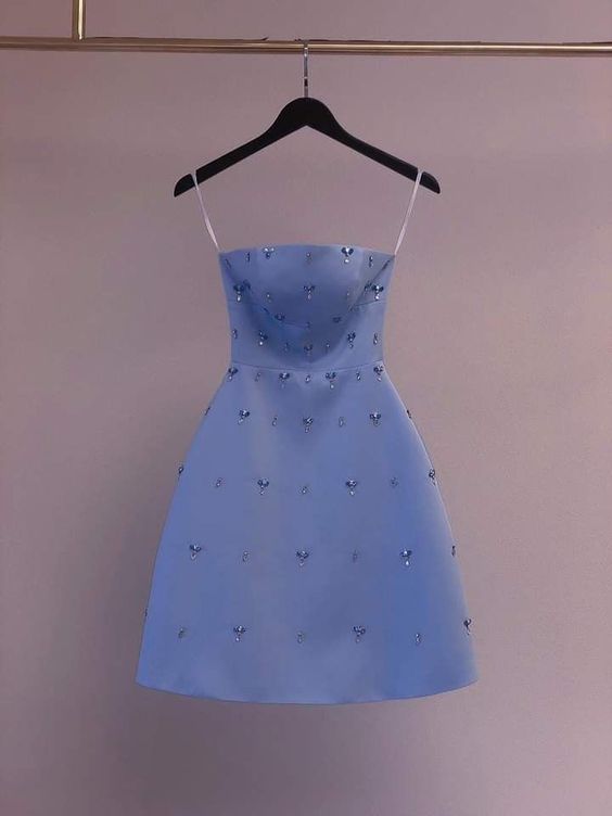 chic a-line blue satin homecoming dress 18th birthday outfits P1960