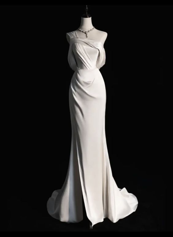 Vintage Mermaid One Shoulder Long White Satin Wedding Dresses P1972 PreppyDress Vintage Mermaid One Shoulder Long White Satin Wedding Dresses P1972 PreppyDress