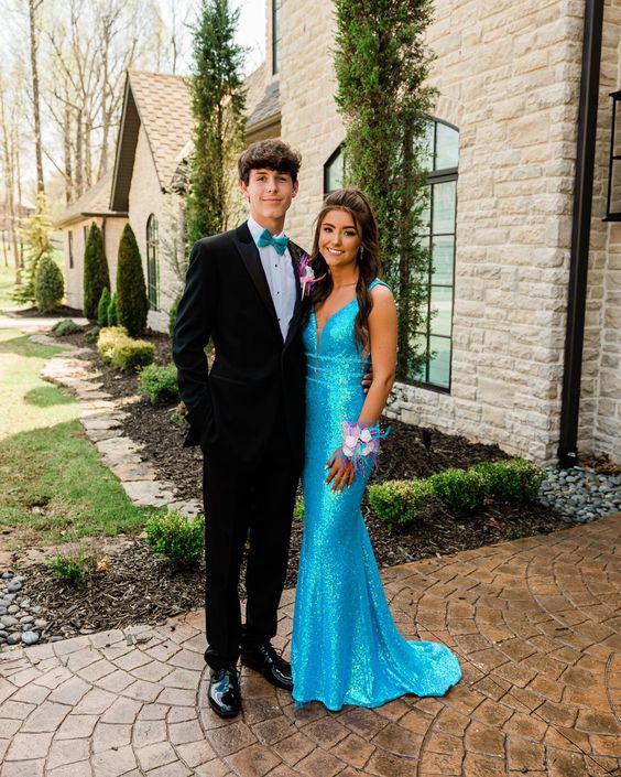 Sexy Mermaid V neckline Blue Sequin Prom Dresses Evening Dress P1995