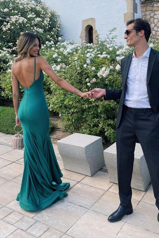 Sexy Mermaid Straps Dark Green Backless Prom Dresses Evening Dress P1996