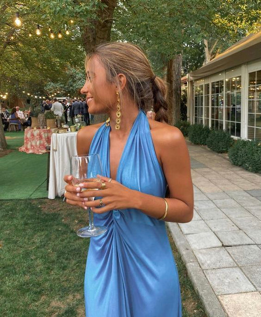 Simple Sheath Blue V Neckline Long Prom Dresses Evening Dress P2000