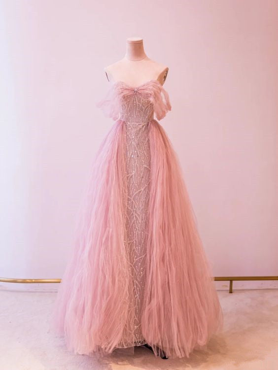 Princess Pink Tulle Prom Dresses Sequin Evening Dress P2030