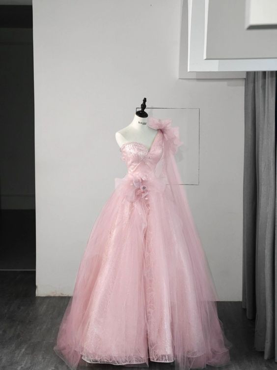 Ball Gown One Shoulder Pink Tulle Prom Dresses Evening Dress P2031 PreppyDress Ball Gown One Shoulder Pink Tulle Prom Dresses Evening Dress P2031 PreppyDress