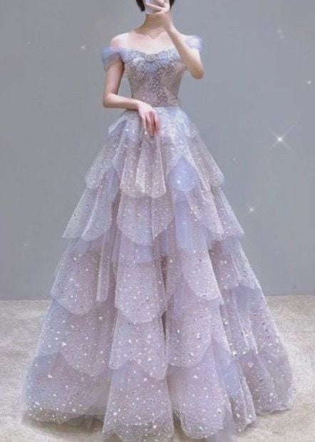 Ball Gown Off The Shoulder Tulle Prom Dresses Evening Dress P2032