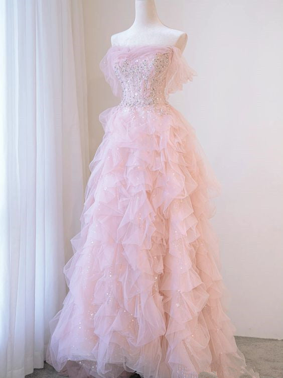 A line Off The Shoulder Tulle Pink Tiered Prom Dresses Evening Dress P PreppyDress A line Off The Shoulder Tulle Pink Tiered Prom Dresses Evening Dress P PreppyDress