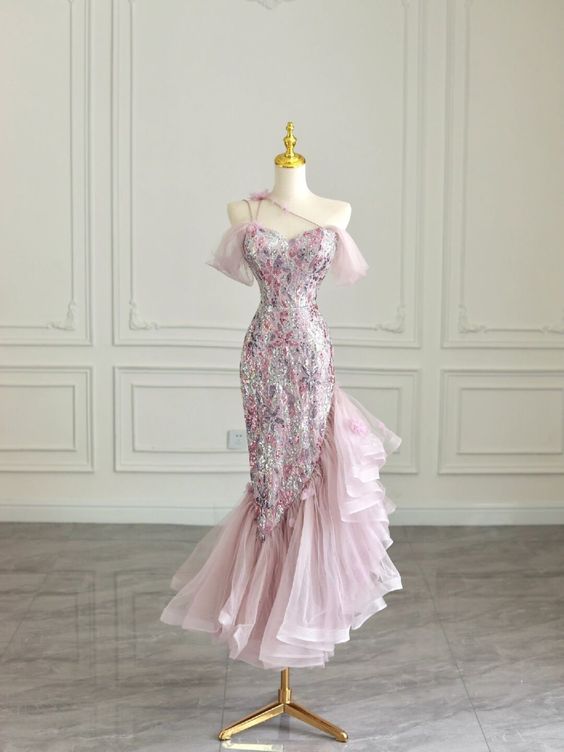High Low Off The Shoulder Tulle Pink Tiered Prom Dresses Evening Dress PreppyDress High Low Off The Shoulder Tulle Pink Tiered Prom Dresses Evening Dress PreppyDress