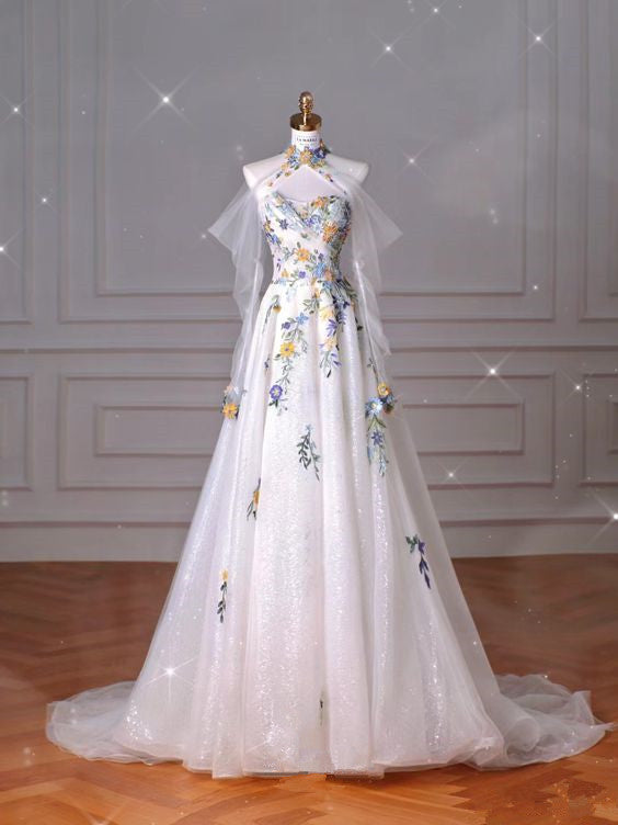 Fairy A line White Floral Prom Dresses Evening Dress P2056 PreppyDress Fairy A line White Floral Prom Dresses Evening Dress P2056 PreppyDress