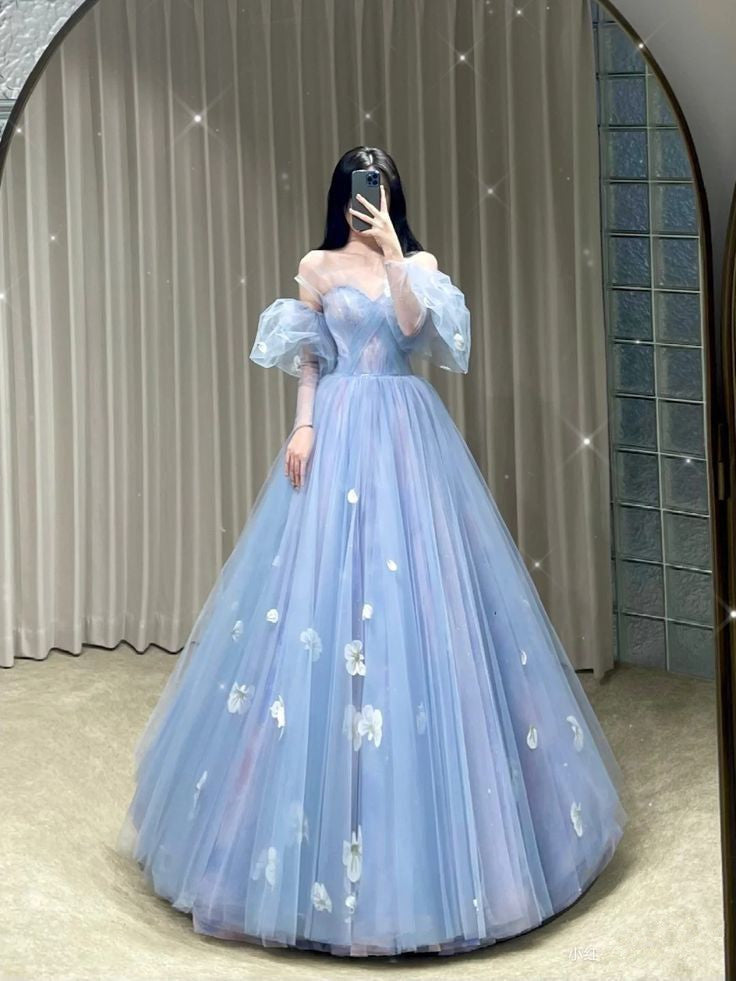 Fairy Ball Gown Blue Floral Tulle Prom Dresses Evening Dress P2059 Fairy Ball Gown Blue Floral Tulle Prom Dresses Evening Dress P2059