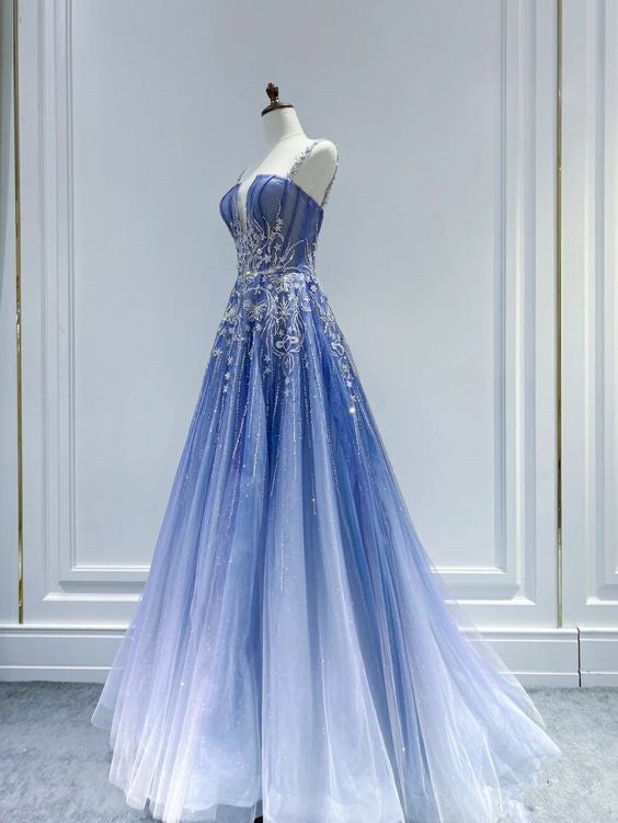 Fairy Ball Gown Ombre Blue Tulle Prom Dresses Evening Dress P2060