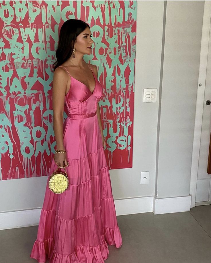 Elegant A line Long Silk Satin Pink Prom Dress 22th Birthday Outfits P2123