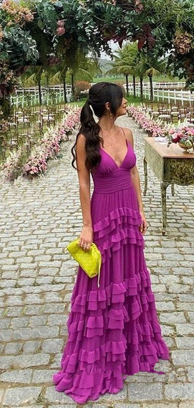 Elegant A line Long Tiered Chiffon Prom Dress 22th Birthday Outfits P2125