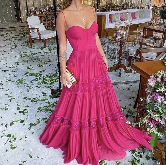 Elegant A line Long Tiered Hot Pink Lace Prom Dress 22th Birthday Outfits P2126 - AS PHOTO / US2 Elegant A line Long Tiered Hot Pink Lace Prom Dress 22th Birthday Outfits P2126 - AS PHOTO / US2