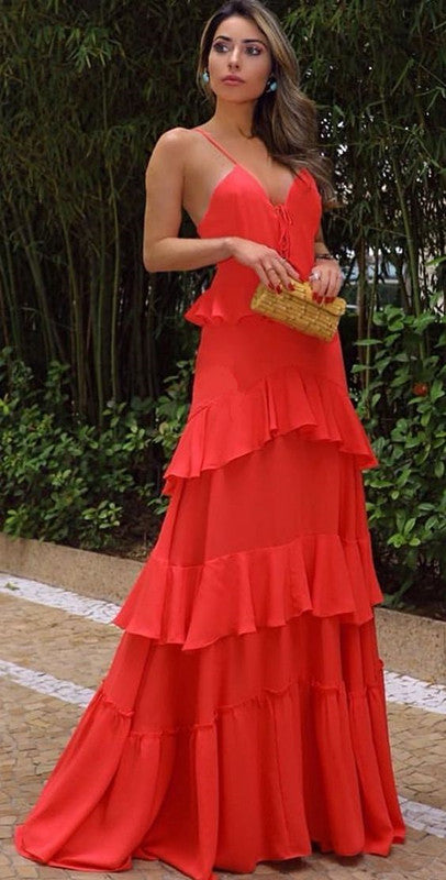 Elegant A line Long Tiered Chiffon Prom Dress 22th Birthday Outfits P2127