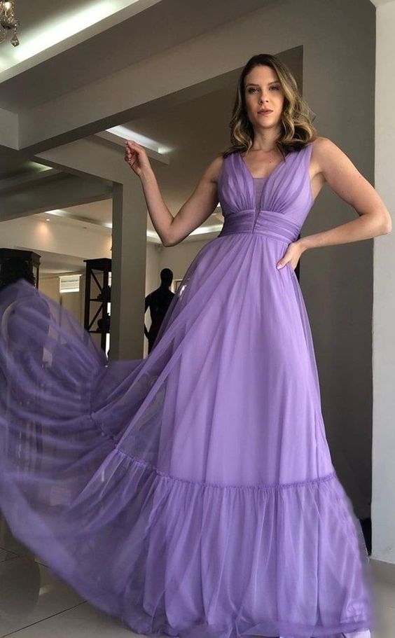 Elegant A line Lilac Long Chiffon Prom Dress 22th Birthday Outfits P2132