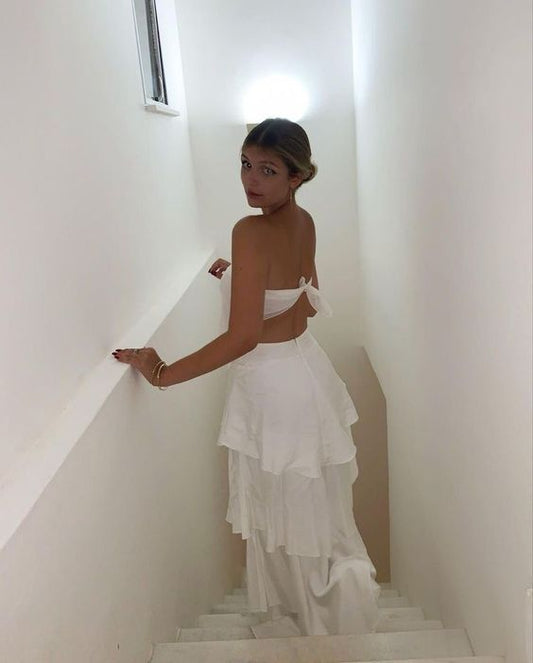 Elegant 2 Pieces Strapless Long White Tiered Prom Dress 21th Birthday Outfits P2146