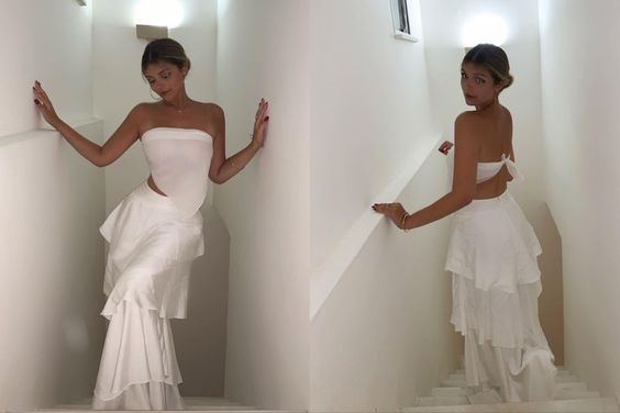 Elegant 2 Pieces Strapless Long White Tiered Prom Dress 21th Birthday Outfits P2146