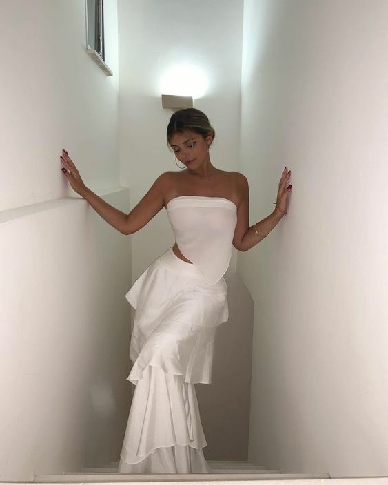 Elegant 2 Pieces Strapless Long White Tiered Prom Dress 21th Birthday Outfits P2146