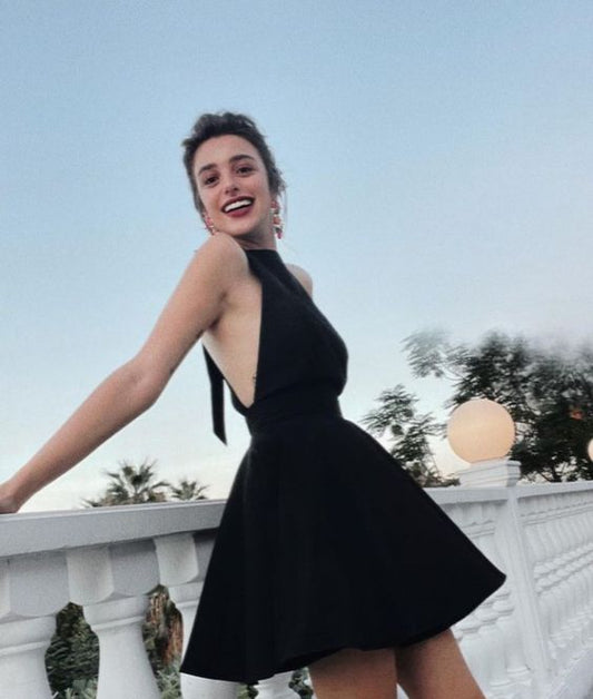 simple a line black halter homecoming dress 18th birthday outfits P2170