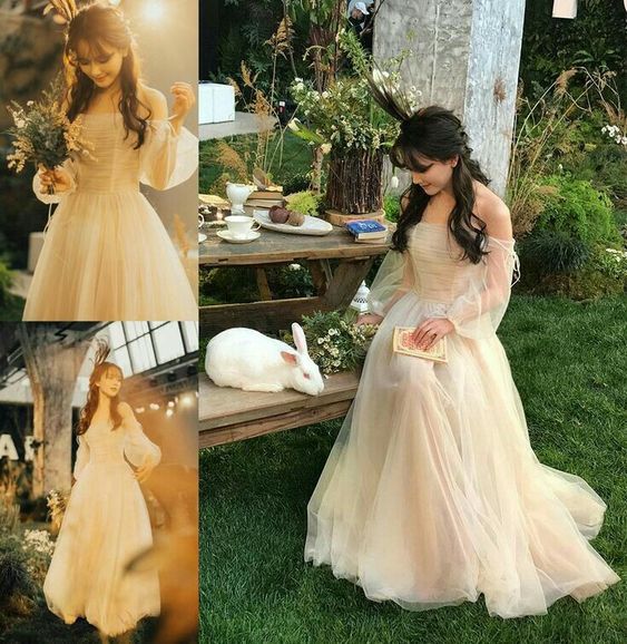 Champagne Tulle Off Shoulder Long Prom Dress 21th Birthday Outfits P2190