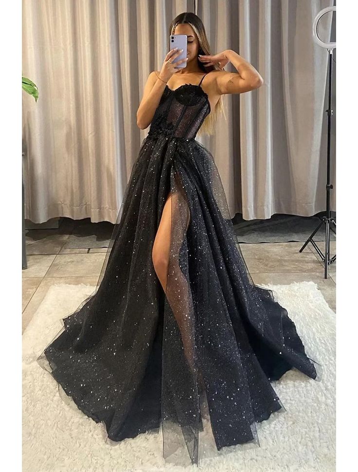 Sexy A line Long Black Tulle Slit Prom Dress 21th Birthday Outfits P2191