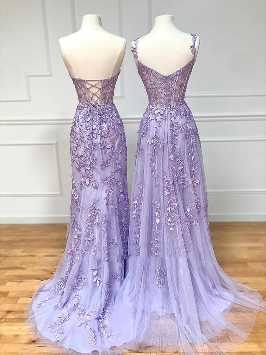 Simple Long Purple Lace Prom Dresses Evening Dress P2192