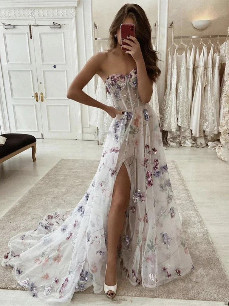 Strapless Purple Floral Long Prom Dresses with Slit 21th Birthday Outfits P2194 AS PHOTO US2