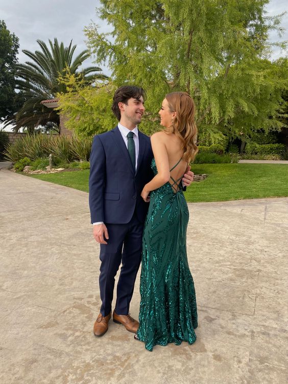 Mermaid Straps Green Sequin Long Prom Dresses Formal Dress P2209
