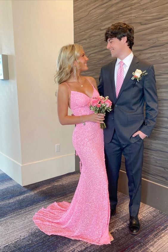 Elegant Mermaid Sequin Pink Long Prom Dresses Formal Dress P2226 AS PHOTO(PINK) US2