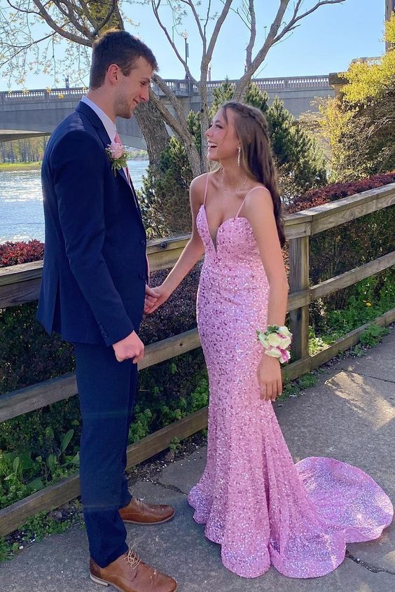 Elegant Mermaid Sequin Pink Long Prom Dresses Formal Dress P2227