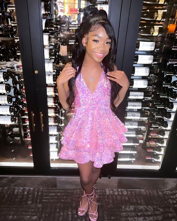 Sexy A line Straps Pink Sequin Short Homecoming Dress P2263