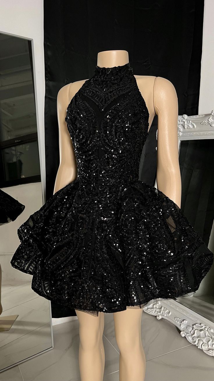 Classic High Neck Sequins Appliques Short Homecoming Dress For Black W PreppyDress Classic High Neck Sequins Appliques Short Homecoming Dress For Black W PreppyDress