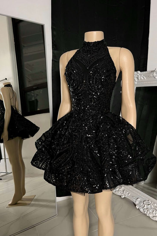 Classic High Neck Sequins Appliques Short Homecoming Dress For Black Women Birthday Outfits P2265