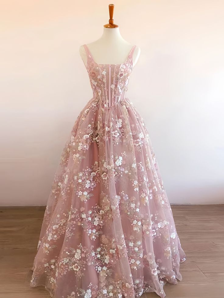 Modest A line Square Neckline Sleeveless Pink Floral Lace Floor Length