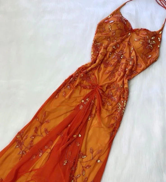 Superbe Robe de Bal en Chiffon Orange avec Bretelles Spaghetti et Perles P2317