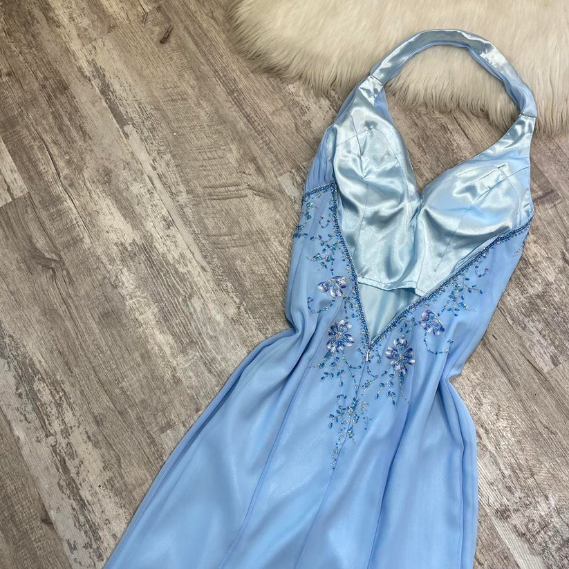 Pretty A Line Halter Blue Slit Chiffon Prom Dresses Long Evening Gowns P2319