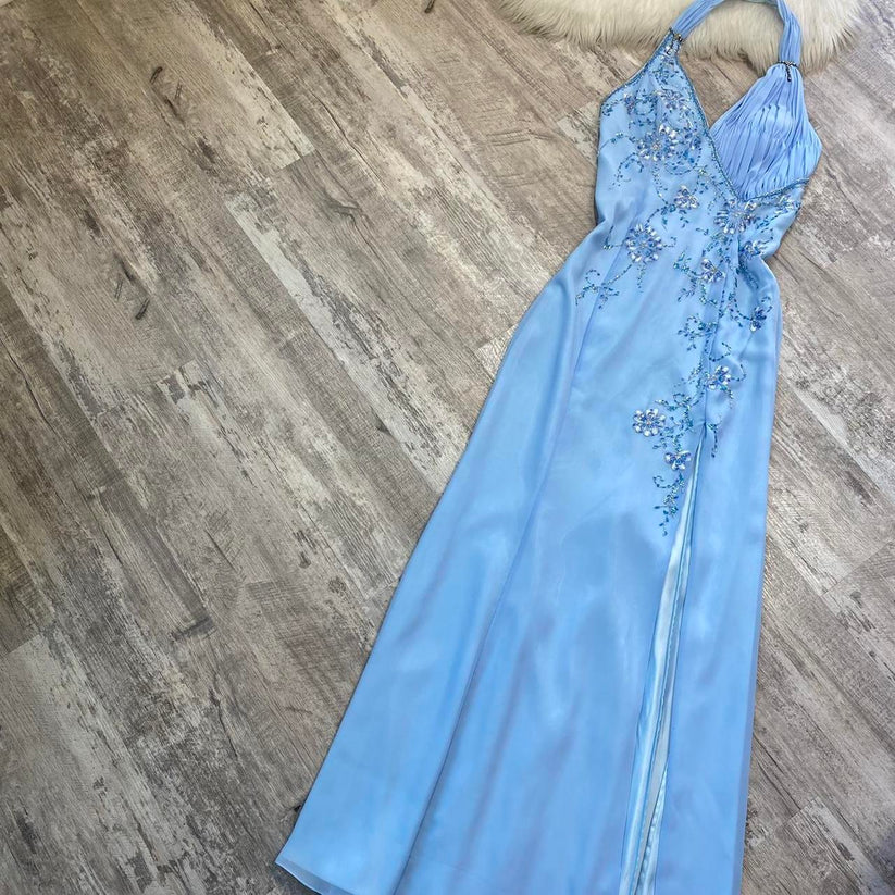 Pretty A Line Halter Blue Slit Chiffon Prom Dresses Long Evening Gowns P2319