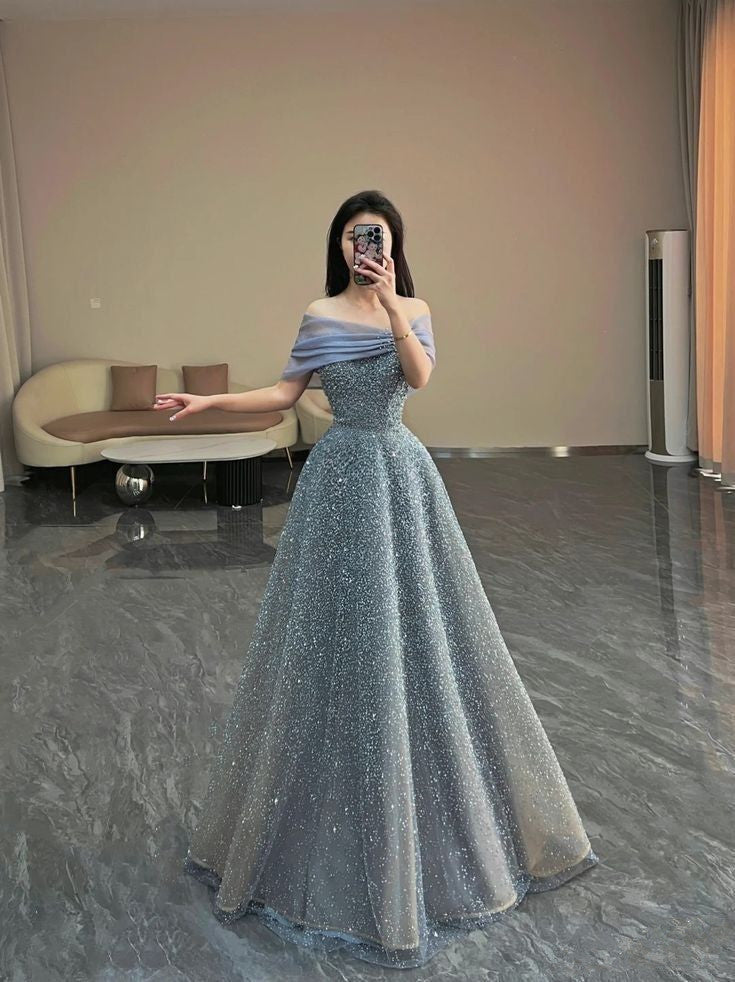 Modest Ball Gown Off The Shoulder Sequin Long Party Dress Gray Prom Dr – PreppyDress Modest Ball Gown Off The Shoulder Sequin Long Party Dress Gray Prom Dr – PreppyDress