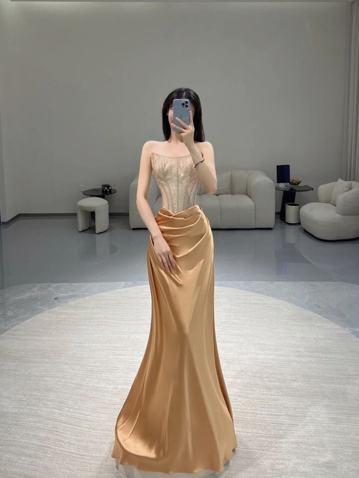 Pretty Sheath Strapless Neckline Sleeveless Evening Dress Gold Satin P PreppyDress Pretty Sheath Strapless Neckline Sleeveless Evening Dress Gold Satin P PreppyDress