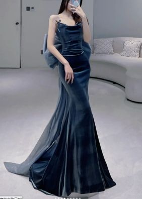 Modest Sheath Strapless Navy Blue Velvet Long Party Dress Prom Dress P2332