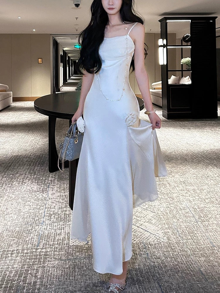 Pretty Mermaid Spaghetti Straps White Satin Prom Dresses Long Evening Gowns P2346