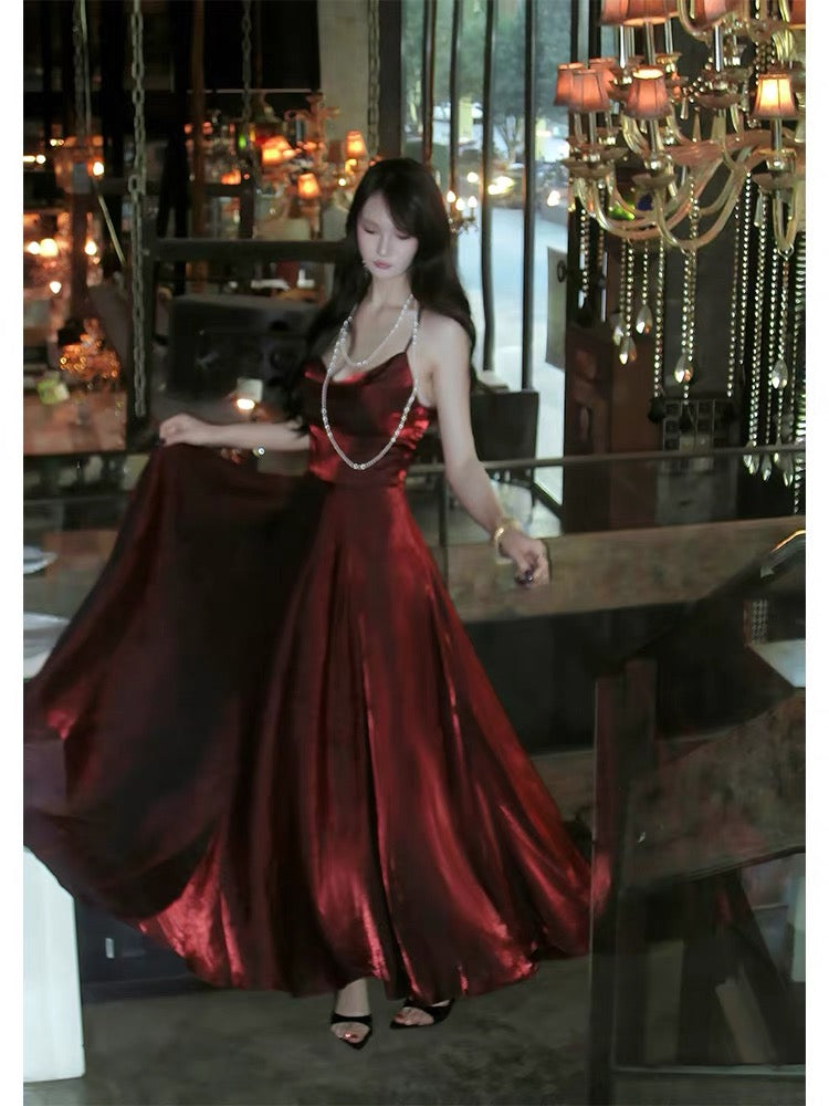 Pretty A Line Spaghetti Straps Burgundy Satin Prom Dresses Evening Gowns Birthday Dress P2347