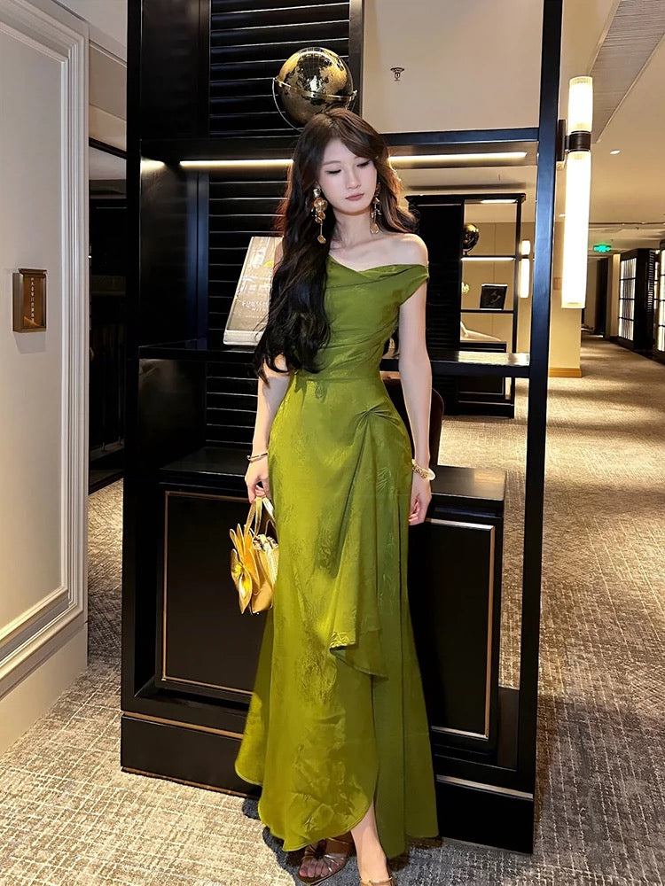 Pretty A line Off The Shoulder Satin Green Long Prom Dresses Satin Evening Gowns P2351