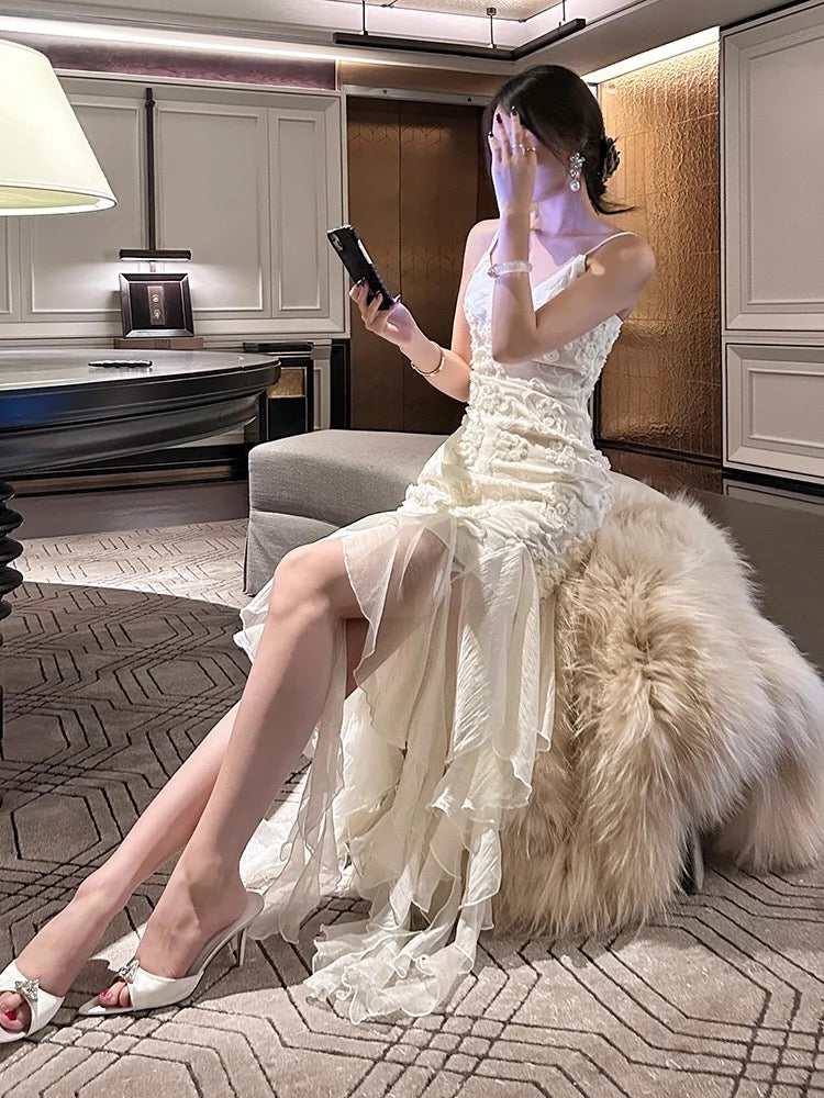 Pretty Mermaid Spaghetti Straps White Floral Prom Dresses Long Evening Gowns P2354