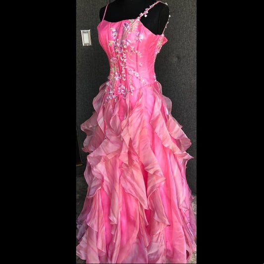 Chic Ball Gown Spaghetti Straps Pink Satin Evening Dress Long Prom Dresses With Embroidered P2361