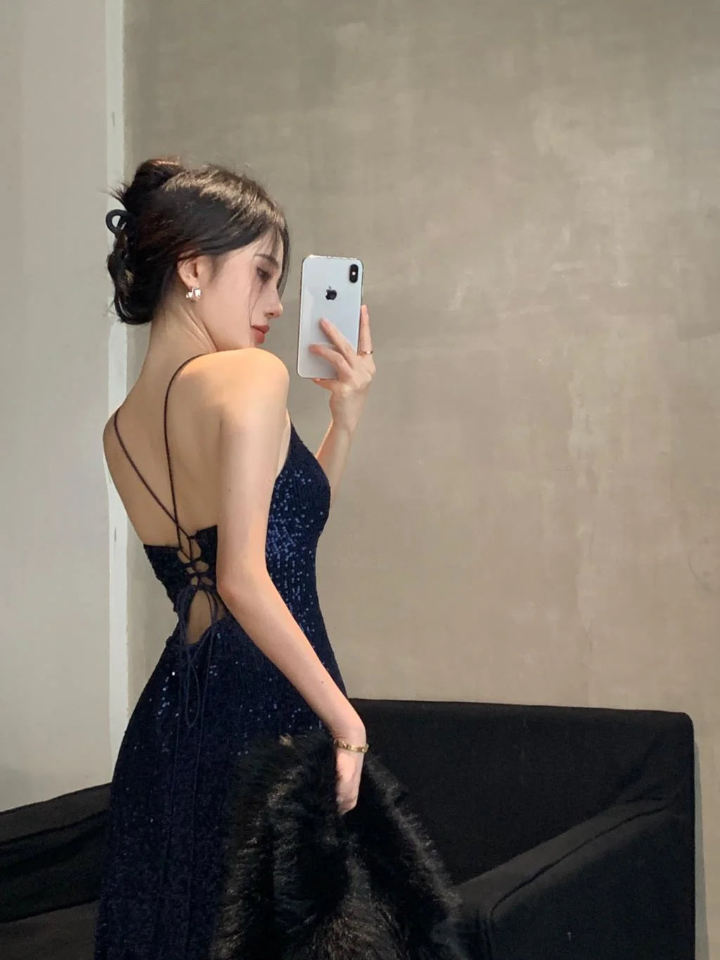 Sexy Sheath Spaghetti Straps Navy Blue Sequin Floor Length Evening Dress Sequin Prom Dresses P2393