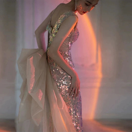 Sexy Mermaid Square Neckline Sequin Floor Length Floral Prom Dresses P2397