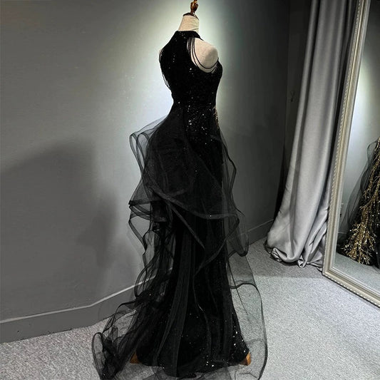 Sexy Mermaid Scoop Neckline Black Sequin Floor Length Prom Dresses P2401