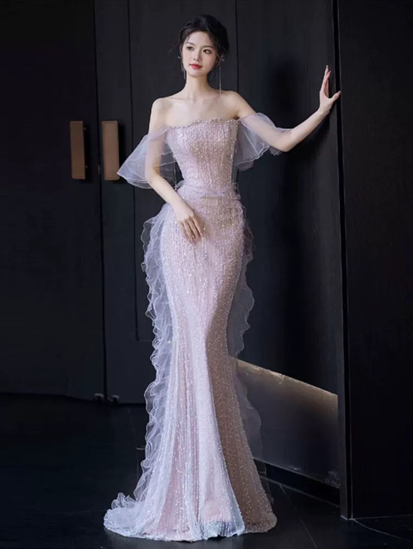 Sexy Mermaid Strapless Neckline Sequin Long Floor Length Pearls Prom Dresses P2403