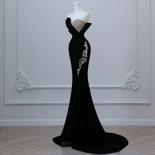 Modest Mermaid Strapless Black Long Floor Length Beads Prom Dresses P2405